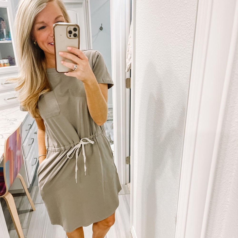 New in bag, size Large only, Green pocketed drawstring waist mini dress
